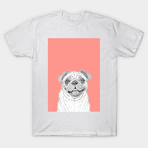 Pug Dog Portrait ( coral background ) T-Shirt by AdamRegester